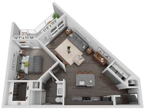 Floor plan for 1 bed, 1 bath, 760 sqft